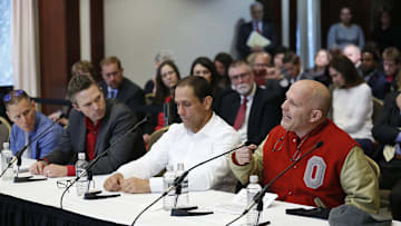 Victims of Dr. Richard Strauss, from right, Michael DiSabato, Mike Schyck, Brian Garrett and Stephen Snyder Hill during an Ohio State University Board of Trustees meeting at the Longaberger Alumni House on Nov. 16, 2018.

3feb9c7c 25b5 481a Bc5e 6a