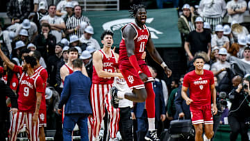 Indiana's Oumar Ballo, center, and the rest of the team celebrates a victory over Michigan State on Tuesday, Feb. 11, 2025, at the Breslin Center in East Lansing.