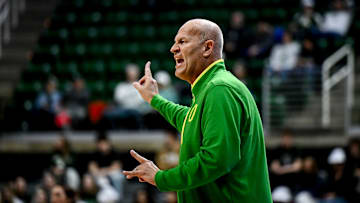 Oregon's head coach Kelly Graves calls out to players during the first quarter in the game against Michigan State on Thursday, Jan. 30, 2025, at the Breslin Center in East Lansing.