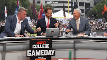 Pat McAfee Nick Saban, and Lee Corso fist bump before live broadcast during ESPN Gameday near Williams-Brice Stadium in Columbia, S.C.Saturday, September 14, 2024.