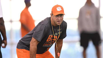 Clemson head coach Dabo Swinney during his 2025 football camp in Clemson, S.C. Tuesday, June 3, 2025.