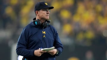 Michigan head coach Jim Harbaugh looks on during second half of the College Football Playoff