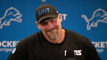 Detroit Lions head coach Dan Campbell speaks to the media before practice begins during the Detroit Lions Organized Team Activities (OTAs) at their headquarters in Allen Park, Mich. on Thursday, May 23, 2024.