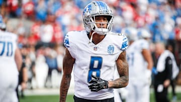 Detroit Lions receiver Josh Reynolds warms up before the NFC championship game against the San Francisco 49ers at Levi's Stadium in Santa Clara, Calif. on Sunday, Jan. 28, 2024.