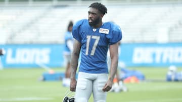 Detroit Lions wide receiver Denzel Mims (17) walks off the field after training camp at team headquarters in Allen Park on Friday, July 28, 2023.