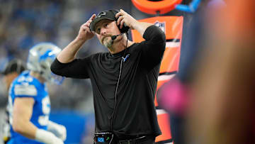 Detroit Lions head coach Dan Campbell watches from the sidelines in the first quarter against the Washington Commanders in the NFC divisional round at Ford Field in Detroit on Saturday, Jan. 18, 2025.