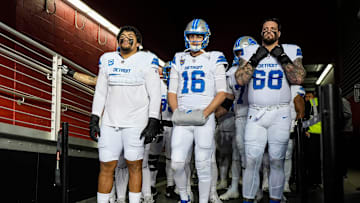From left, Detroit Lions offensive tackle Penei Sewell (58), quarterback Jared Goff (16) and offensive tackle Taylor Decker (68), ready to take the field against the San Francisco 49ers at Levi's Stadium in Santa Clara, Calif. on Monday, Dec. 30, 2024.