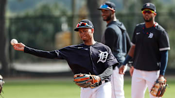 Infielder Sergio Alcantara practices during Detroit Tigers spring training at TigerTown in Lakeland, Fla., Wednesday, Feb. 19, 2020.