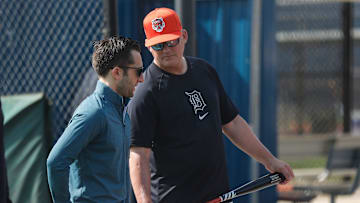Detroit Tigers manager A.J. Hinch talks to general manager Jeff Greenberg during spring training at TigerTown in Lakeland, Fla. on Friday, Feb. 16, 2024.