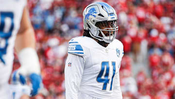 Lions linebacker James Houston looks on during warmups before the NFC championship game at Levi's Stadium in Santa Clara, California, on Sunday, Jan. 28, 2024.