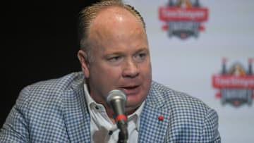 Kentucky Head Coach Mark Stoops talks with media at the TaxSlayer Gator Bowl Press Conference at EverBank Stadium in Jacksonville, Florida, Thursday, December 28, 2023.