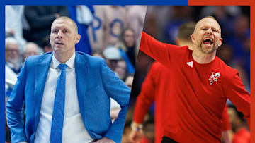 Kentucky basketball coach Mark Pope and Louisville basketball coach Pat Kelsey at the 2024 Battle of the Bluegrass game.
