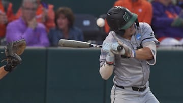 May 30, 2025; Clemson, South Carolina, USA; University of South Carolina Upstate sophomore Vance Sheahan (10) is hit by pitch during the top of the fifth inning at the NCAA baseball Clemson Regional at Doug Kingsmore Stadium Mandatory Credit: Ken Ruinard-Imagn Images
