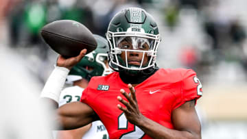 Michigan State's Aidan Chiles throws a pass at Spartan Stadium in East Lansing.