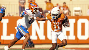 Texas Longhorns wide receiver Silas Bolden (11) advances the ball during the Longhorns' game against the Florida Gators, Nov. 9, 2024 at Darrell K. Royal Texas Memorial Stadium in Austin.