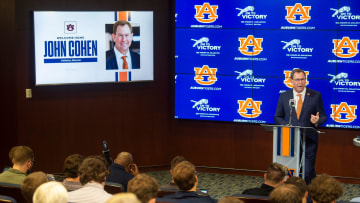 Auburn athletic director John Cohen is introduced at the Auburn Athletic Complex in Auburn, Ala., on Tuesday, Nov. 8, 2022