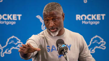 Detroit Lions defensive coordinator Aaron Glenn speaks to the media before practice begins during the Detroit Lions Organized Team Activities (OTAs) at their headquarters in Allen Park, Mich. on Thursday, May 23, 2024.