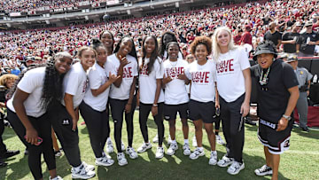 South Carolina basketball coach Dawn Staley and her team were honored during halftime of Saturday's football game