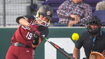 South Carolina senior Jen Cummings (19) hits a solo home run to put the Gamecocks ahead of Clemson 3-2 during the top of the third inning at McWhorter Stadium in Clemson Wednesday, March 20, 2024.