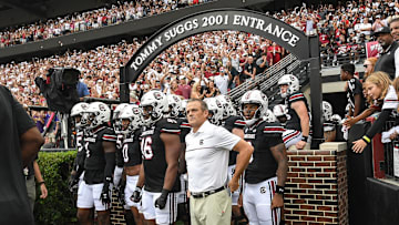 South Carolina Head Coach Shane Beamer and players ready to run on the field before playing Louisiana State University, during pregame at Williams-Brice Stadium in Columbia, S.C. Saturday, September 14, 2024.