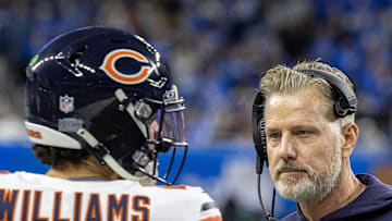 Nov 28, 2024; Detroit, Michigan, USA; Chicago Bears head coach Matt Eberflus talks to quarterback Caleb Williams (18) on the sidelines during the second half against the Detroit Lions at Ford Field. Mandatory Credit: David Reginek-Imagn Images