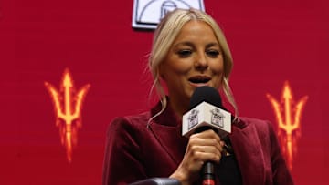 Oct 21, 2025; Kansas City, MO, USA; Arizona State head coach Molly Miller speaks to media during Big 12 Women's Basketball Media Day at T-Mobile Center. Mandatory Credit: Sophia Scheller-Imagn Images