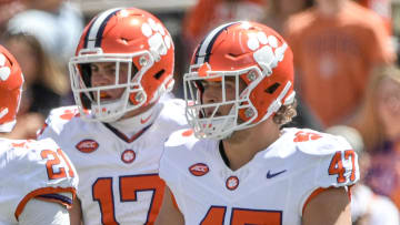 Clemson linebacker Wade Woodaz (17) and Clemson linebacker Sammy Brown (47) during the first quarter of the Spring football game in Clemson, S.C. Saturday, April 6, 2024.