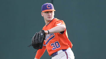 Clemson sophomore Billy Barlow (30) pitches during preseason practice at Doug Kingsmore Stadium in Clemson, S.C. Friday, January 26, 2024.