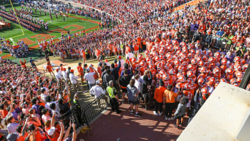 Clemson players run down the hill before the game with UNC, during senior day ceremonies, Nov 18, 2023; Clemson, South Carolina, USA; at Memorial Stadium.