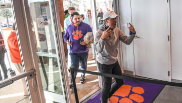 Jan 14, 2023; Clemson, South Carolina, USA; Clemson University students quickly walk in before a 5 p.m. men's basketball tipoff against the Duke Blue Devils at Littlejohn Coliseum. Mandatory Credit: Ken Ruinard-USA TODAY Sports