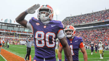 Clemson wide receiver Beaux Collins (80) salutes near running back Will Shipley (1) after scoring against Georgia Tech during the second quarter Nov 11, 2023; Clemson, South Carolina, USA; at Memorial Stadium.