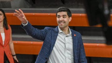 Graham Neff, Clemson Tigers Athletic Director, gets ready to introduce women's basketball Coach Shawn Poppie at Littlejohn Coliseum in Clemson, S.C. Monday, April 2, 2024.