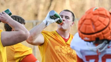 Clemson offensive lineman Walker Parks (64) at offensive linemen drills during Spring football practice at the Poe Indoor Practice Facility at the Allen N. Reeves football complex in Clemson S.C. Monday, March 4, 2024.