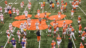 Mar 8, 2023; Clemson, South Carolina, USA; Clemson players gather at the paw before going outside the indoor facility, during the third day of spring practice at the football Complex. Mandatory Credit: Ken Ruinard-USA TODAY Sports