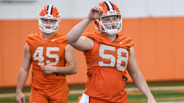 Clemson long snappers Philip Florenzo (45) and Holden Caspersen (58) during Spring practice in Clemson, S.C. Friday, March 4, 2022.