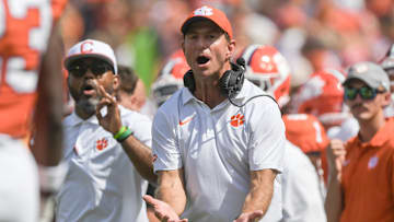 Sep 21, 2024; Clemson, South Carolina, USA; Clemson Tigers head coach Dabo Swinney reacts during the third quarter against the North Carolina State Wolfpack at Memorial Stadium. Mandatory Credit: Ken Ruinard-Imagn Images