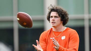 Ian Schieffelin, former Clemson basketball player who joined the Clemson Tigers football team as a tight end participates in drills at the 2025 Dabo Swinney Football Camp in Clemson, S.C. Tuesday, June 3, 2025.