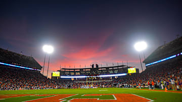 Nov 23, 2024; Clemson, South Carolina, USA; Sunset during a game between the Clemson Tigers and The Citadel Bulldogs at Memorial Stadium. Mandatory Credit: Ken Ruinard-Imagn Images