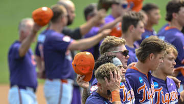 Clemson outfielder Cam Cannarella (10) holds his head during the alma mater song, after the NCAA baseball Clemson Regional at Doug Kingsmore Stadium in Clemson, S.C. Sunday, June 1, 2025. Kentucky won 16-4, ending Clemson's season.