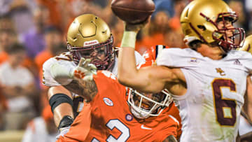Clemson defensive end Xavier Thomas (3) pressures Boston College quarterback Dennis Grosel (6) during the fourth quarter at Memorial Stadium in Clemson, S.C., October 2, 2021.

Ncaa Football Acc Clemson Boston College