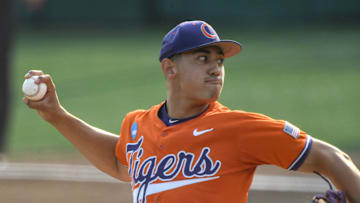 Clemson pitcher Aidan Knaak (19) pitches to West Virginia during the top of the third inning at the NCAA baseball Clemson Regional at Doug Kingsmore Stadium in Clemson, S.C. Saturday, May 31, 2025.