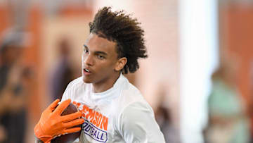 Jaxon Dollar, 2027 tight end from East Lincoln High in Denver, N.C. in a receiver drill during the 2025 Dabo Swinney Football Camp in Clemson, S.C. Tuesday, June 3, 2025.