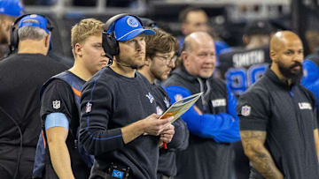 Jan 5, 2025; Detroit, Michigan, USA; Detroit Lions Offensive Coordinator Ben Johnson call plays from the sidelines against the Minnesota Vikings during the second half at Ford Field. Mandatory Credit: David Reginek-Imagn Images