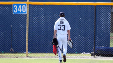 Detroit Tigers pitching prospect Jackson Jobe walks to the outfield after throwing live batting