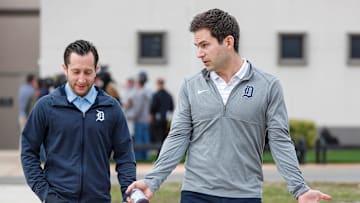 Detroit Tigers president of baseball operations Scott Harris, right, talks with general manager Jeff Greenberg during spring training at Tigertown in Lakeland, Fla. on Thursday, Feb. 15, 2024.