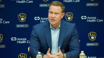 Senior Vice President and General Manager Matt Arnold speaks during an an end of season press conference at American Family Field in Milwaukee on Tuesday, Oct. 10, 2023.