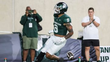 Michigan State running back Jalen Berger (8) scores a touchdown against Central Michigan during the second half at Spartan Stadium in East Lansing on Friday, Sept. 1, 2023.