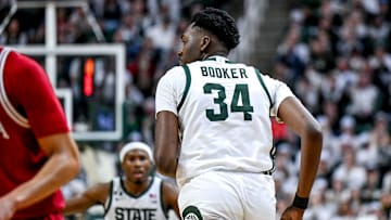 Michigan State's Xavier Booker gets back on defense after making a 3-pointer against Indiana during the first half on Tuesday, Feb. 11, 2025, at the Breslin Center in East Lansing.