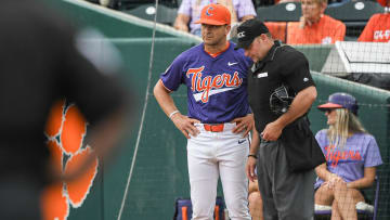Clemson Head Coach Erik Bakich during the top of the eighth inning of game 2 at Doug Kingsmore Stadium in Clemson Friday, May 3, 2024.