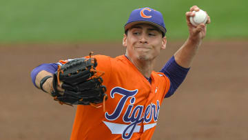 Clemson sophomore Tristan Smith (18) pitches to Georgia Tech during the top of the third inning at Doug Kingsmore Stadium in Clemson Friday, May 3, 2024.